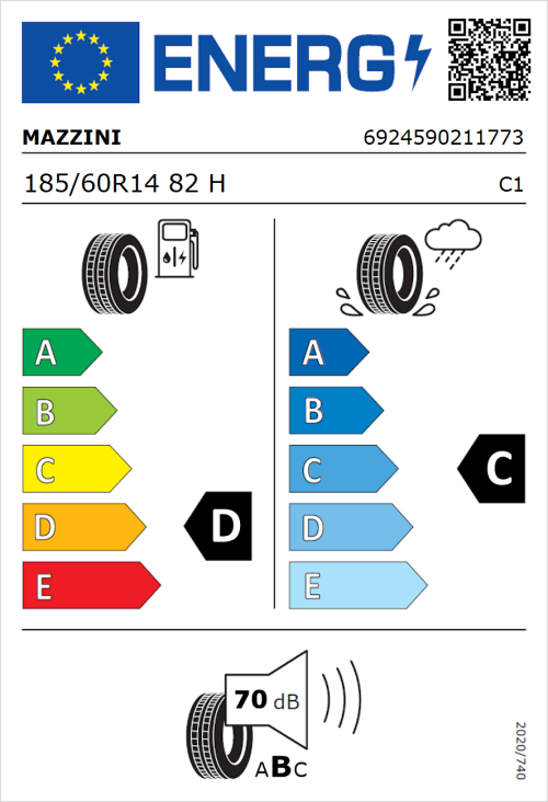 Tyre Label for Mazzini Eco 307 185/60R14 82H