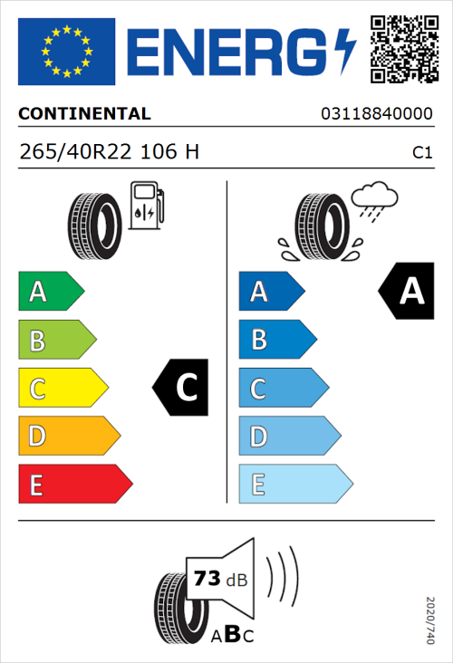 Tyre Label for Continental SportContact 6 265/40R22 106H