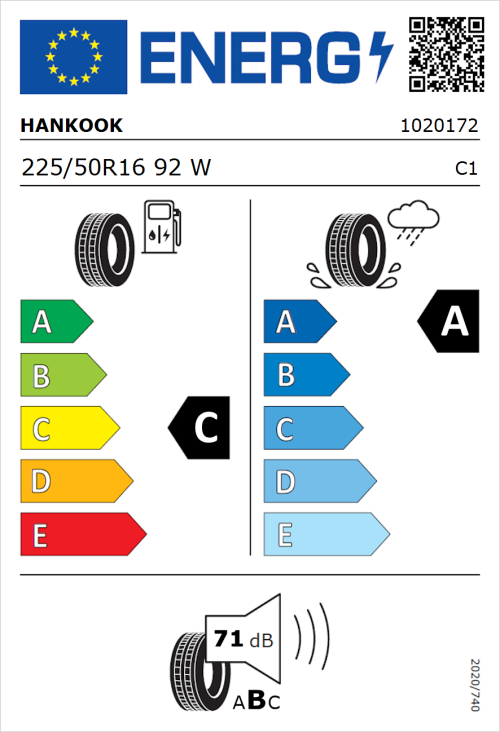 Tyre Label for Hankook Ventus Prime 3 K125 225/50R16 92W