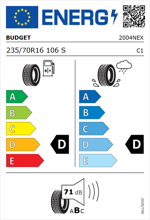 Tyre Label for Budget Budget 235/70R16 106S